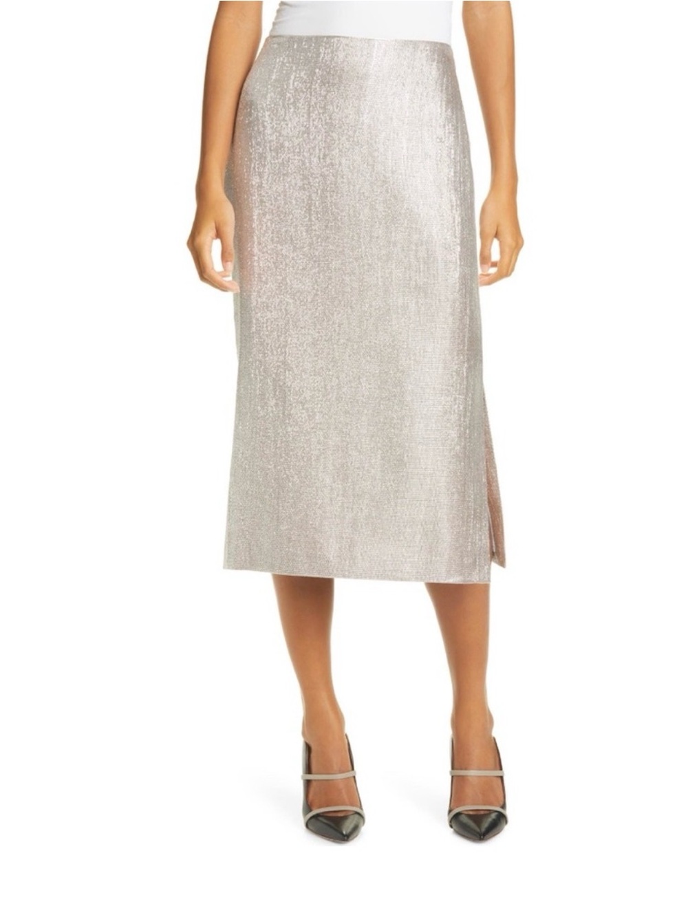 Club Monaco Silver Metallic Midi Pencil Skirt with Side Slit - Great for holiday